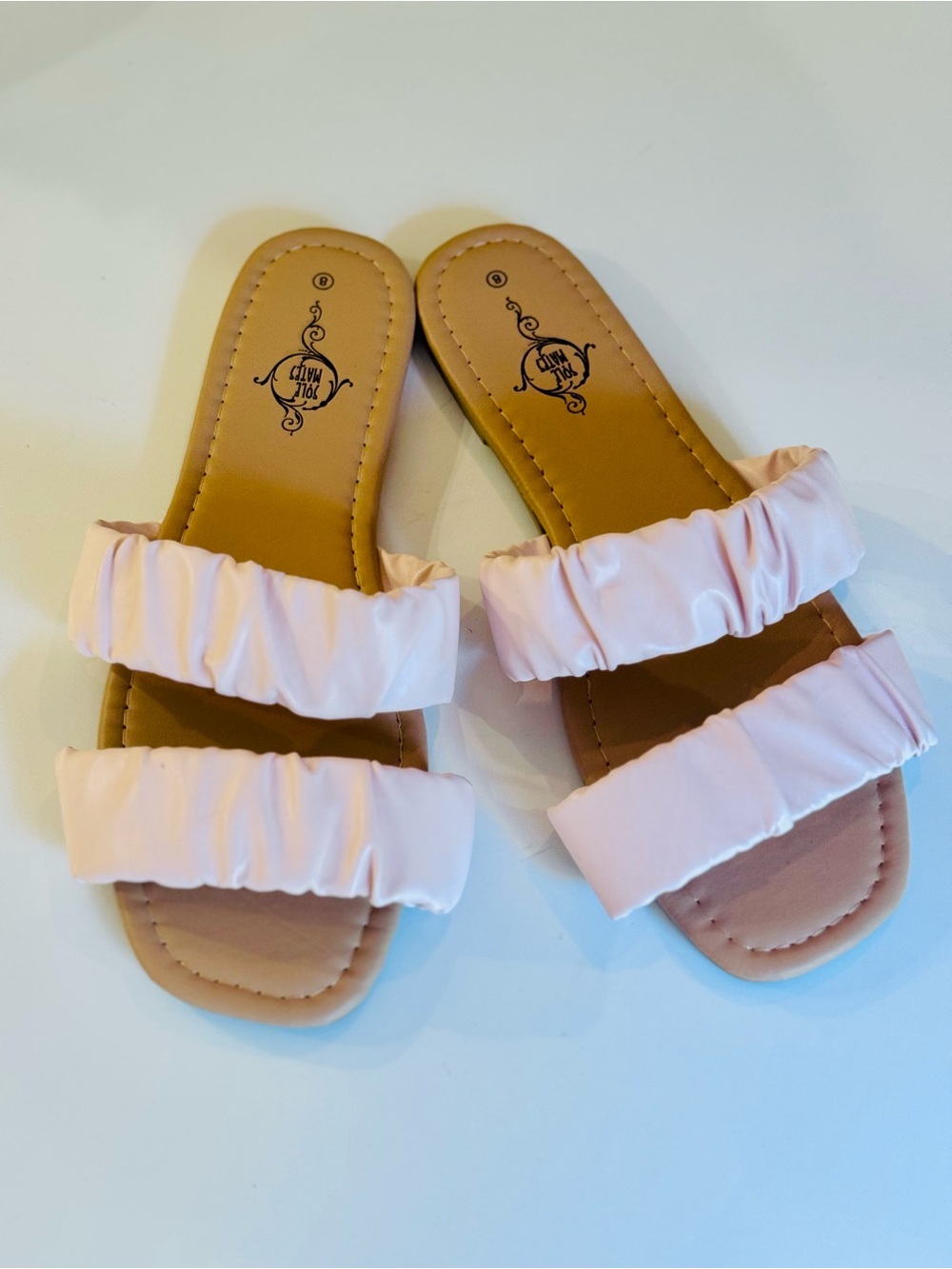 Sole Mates Light Pink Ruched Faux Leather Double Strap Sandals Size 8